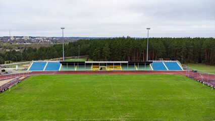 An aerial view of the empty sports ground and fans' stands at the stadium