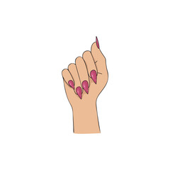 female wrist with pink nails vector. Long pink manicure with nail polish vector drawing. female hand with pink manicure pointed almond vector