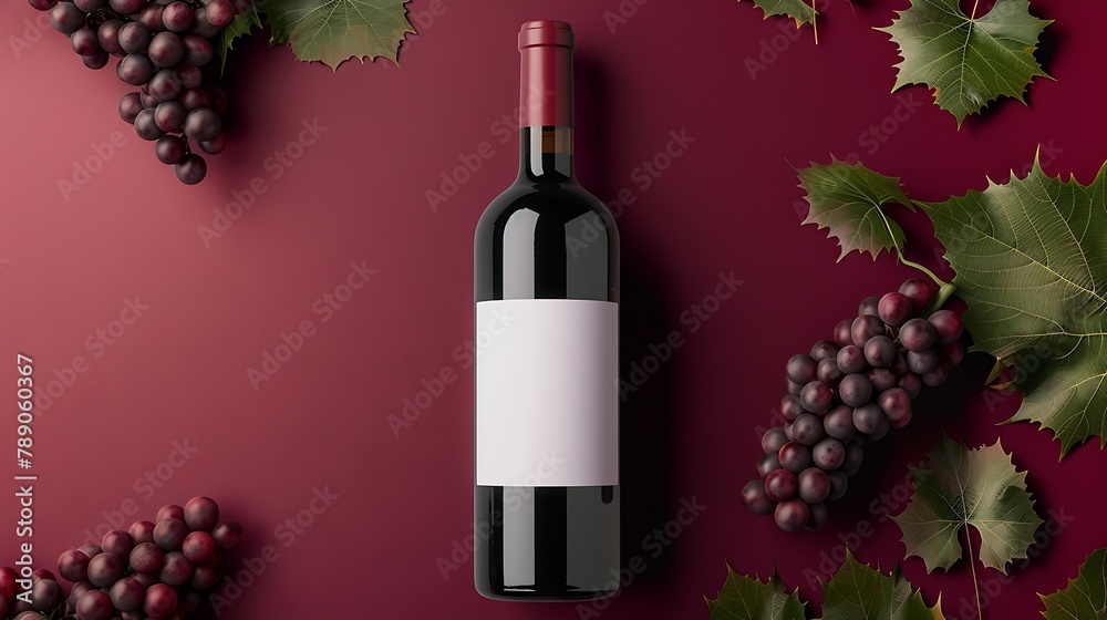 Poster red wine bottle with white label mockup with bunch of primitivo grape green fall grapes leaves conce
