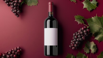 Obraz premium Red wine bottle with white label mockup with bunch of Primitivo grape green fall grapes leaves Concept wine flat lay backgroud : Generative AI