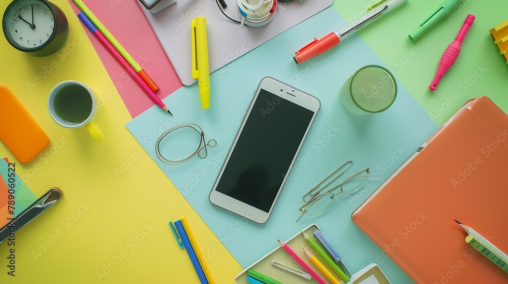 Poster Mock up smartphone and office accessories on colorful background with copy spaceview from above : Generative AI