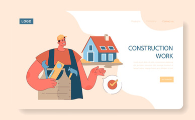 Construction Work concept. A smiling worker with tools highlights home