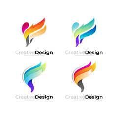 F logo with 3d colorful design, set logos, wing design