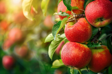 close up of red apples on tree in apple orchard. nature background. red apples hanging on the tree ready for picking - obrazy, fototapety, plakaty