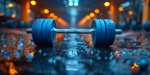 Fitness sport strength training, bodybuilding background - Closeup of blue barbell dumbbell weight on the floor in gym - obrazy, fototapety, plakaty