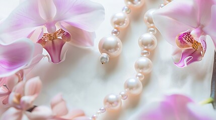Elegant pearl earrings bracelet and orchid flowers on white background flat lay : Generative AI