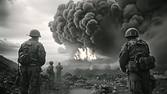 Soldiers standing by nuclear explosion black and white. Nuclear war concept. Explosion of nuclear bomb. Creative artwork decoration in dark. Silhouette of soldier standing against giant mushroom cloud