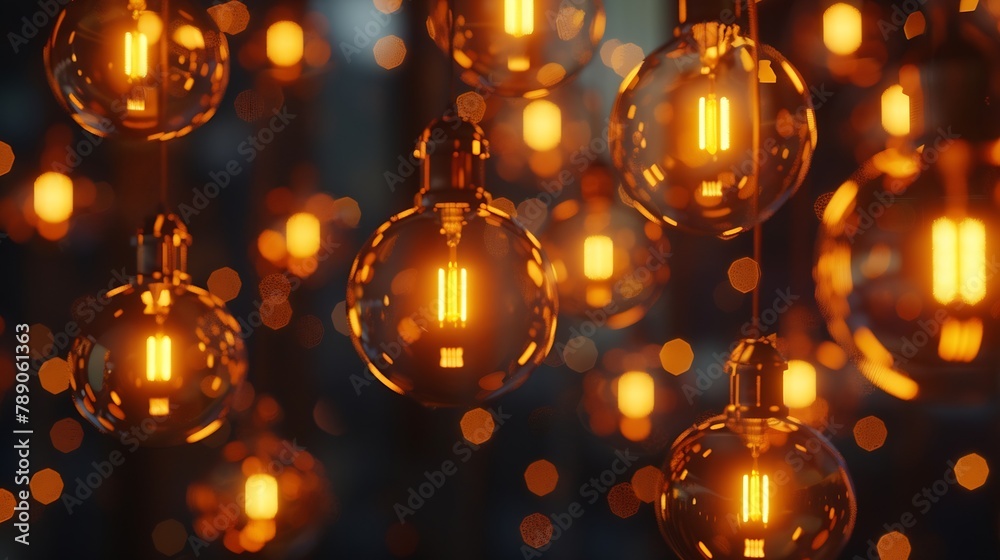 Poster classic sphere lighting bulbs are glowing in orange warming shade there are hanging from ceiling in 