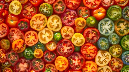 Close up of colorful tomatoes, some sliced, shot from above