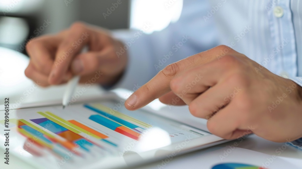 Poster a businessman analyzing a bar graph on a digital tablet, strategizing for business growth and succes