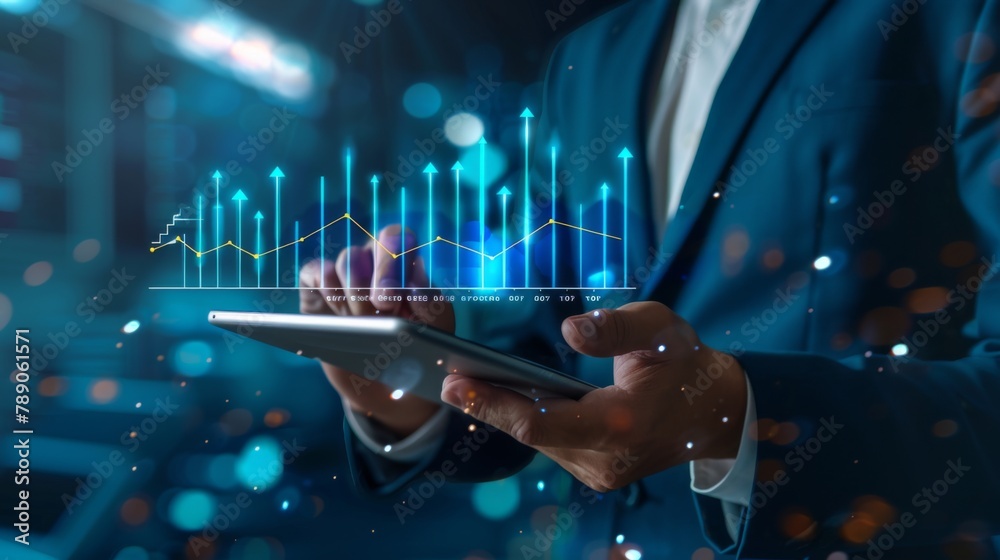 Poster a businessman analyzing a bar graph on a digital tablet, strategizing for business growth and succes