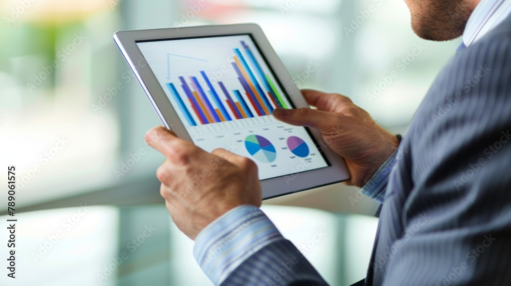 Poster a businessman analyzing a bar graph on a digital tablet, strategizing for business growth and succes