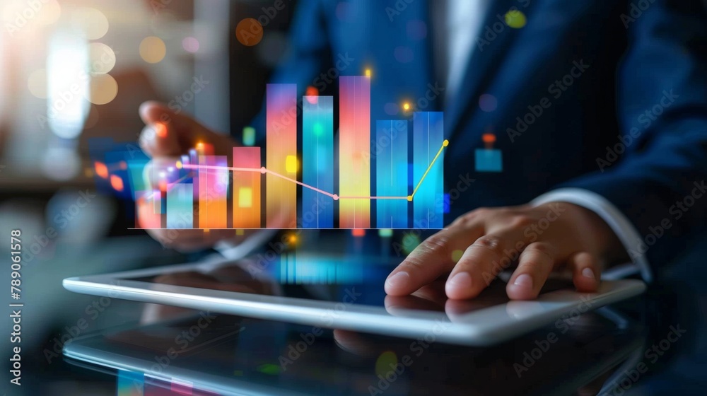 Poster a businessman analyzing a bar graph on a digital tablet, strategizing for business growth and succes
