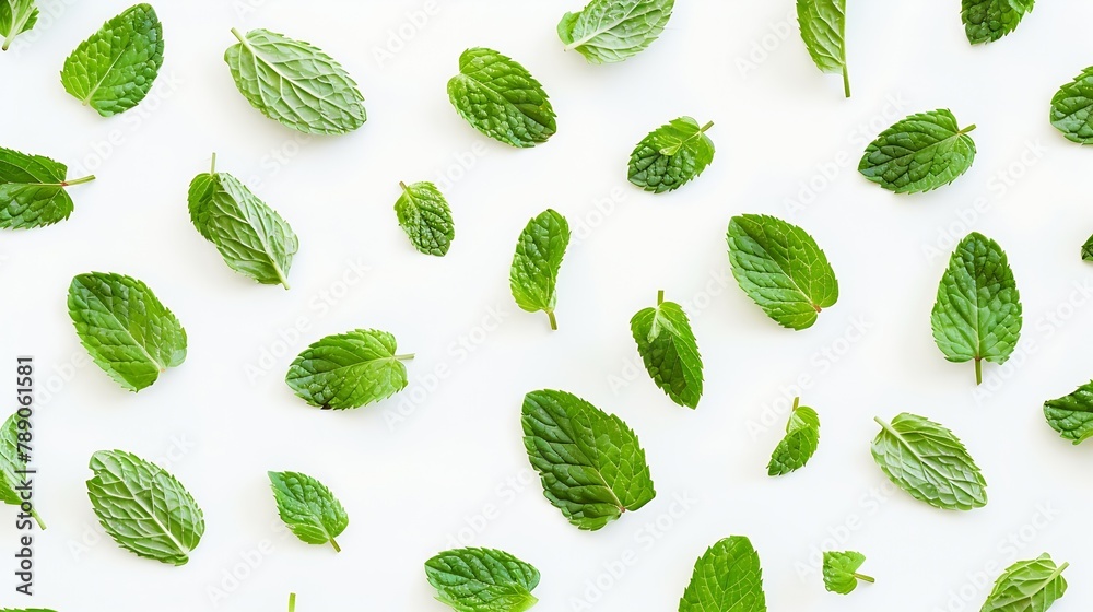Poster Mint leaves pattern isolated on white background  top view  flat lay : Generative AI
