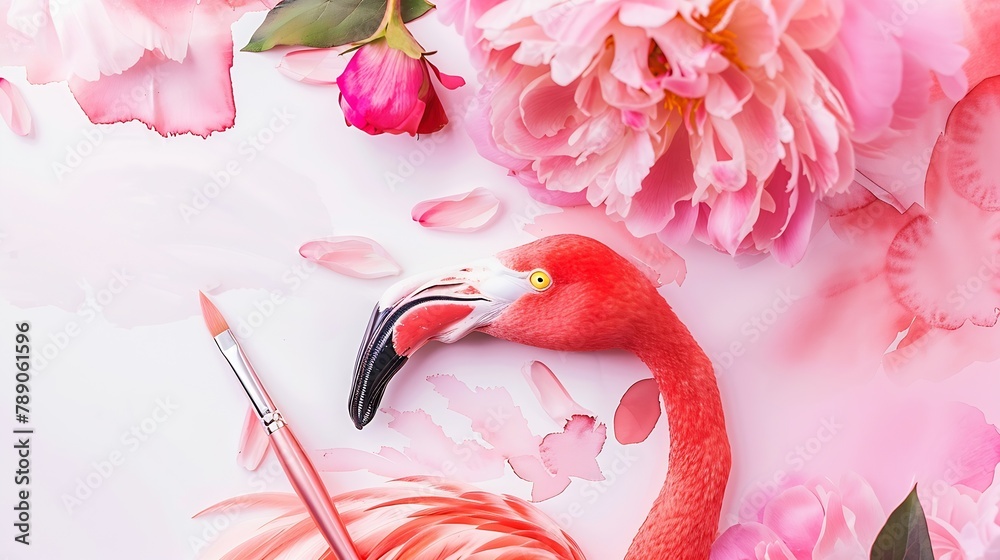 Poster workspace pink flamingo painted with watercolor paintbrush and pink peonies isolated on white backgr