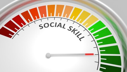 Social skill good level on measure scale. Instrument scale with arrow. Infographic gauge element. Social skills are the skills we use everyday to interact and communicate with others. 3D render