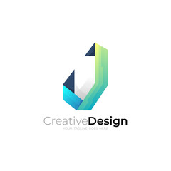 Simple letter J logo template, blue color, 3d style