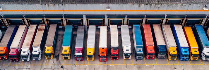 Many large trucks are parked in front of a logistics center