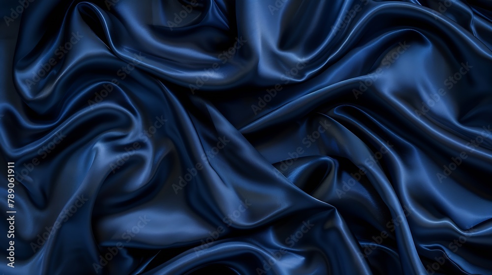 Poster beautiful dark blue silk satin background soft folds on shiny fabric luxury background with space fo