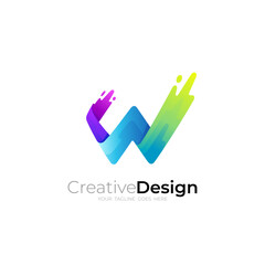 Letter W logo and water swoosh design template, colorful style
