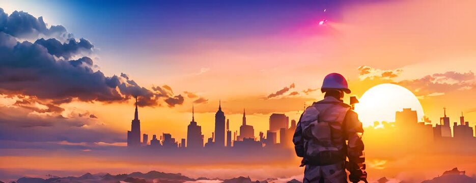 Soldier and USA flag on sunrise background.art illustration 4K Video