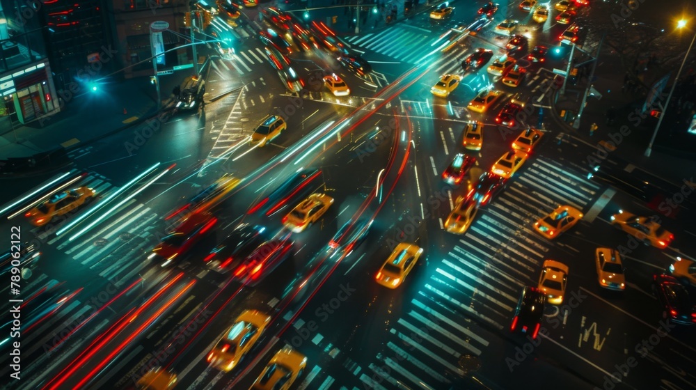 Poster a busy intersection ablaze with headlights and traffic signals, illustrating the constant motion and