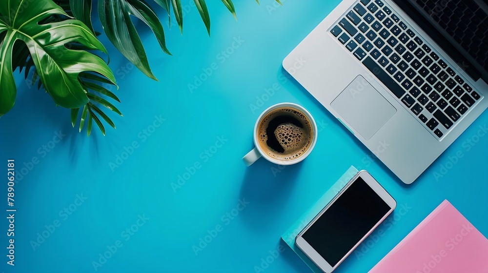 Aufkleber Minimal work space  Creative flat lay photo of workspace desk Top view office desk with laptop notebooks and coffee cup on blue color background Panoramic banner background with copy s : Generative AI