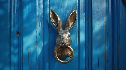 Fototapeta premium Blue wooden front door with bronze rabbit head door knocker holding a ring in its mouth : Generative AI