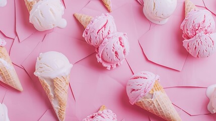 Table top view aerial image of sign or food of summer season holiday background conceptFlat lay of pastel ice cream on modern rustic pink paper backdropMinimalism creative design : Generative AI - Powered by Adobe