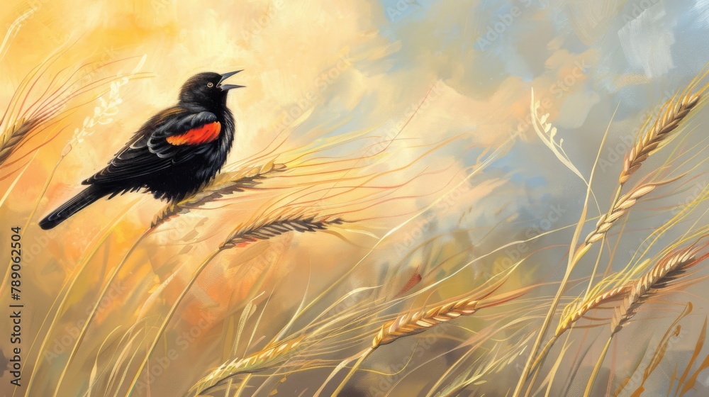 Poster a charming scene of a red-winged blackbird singing atop a swaying wheat stalk in a sunlit field, add