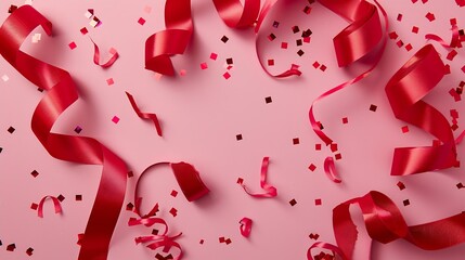 Valentines day flat lay composition with red ribbon gifts confetti on pink background Suitable for vertical banner flyer brochure stories on social media : Generative AI - Powered by Adobe