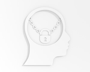Fixed mindset psychology concept. Human head with chains and lock inside. Negative thinking mindset. 3D render