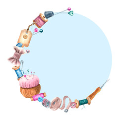 Semicircular composition with a pincushion, tape measure, bow, label, threads. Hand drawn watercolor illustration isolated on colored background. Template for greeting cards, logos for seamstress. - obrazy, fototapety, plakaty