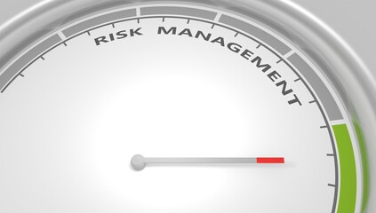 Arrow points to risk management text. Instrument scale with arrow. Colorful infographic gauge element. 3D render
