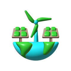 World eco energy, 3D icon. World, eco, energy, 3d, icon, renewable, sustainable, environment, green, power, electricity, solar, wind, technology on white background vector. World eco energy 3D icon
