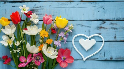 Celebrate International Thank You Day or Mother s Day with a charming greeting card featuring vibrant spring flowers and an elegant white heart design set against a beautiful blue wooden ba - obrazy, fototapety, plakaty
