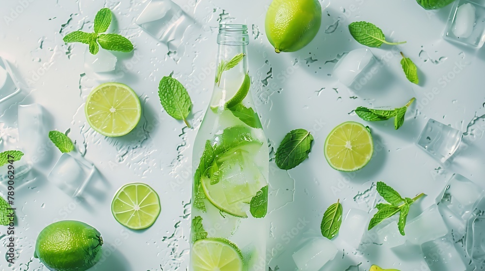 Aufkleber Flatlay of mojito cocktail with lime fresh mint and ice bottle with mojito on white texture background close up Summer refreshment citrus drink Top view and copy space : Generative AI