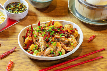Shrimp dish. Chinese food. Lunch