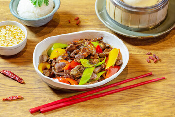 Beef meat with vegetables, red and green peppers. Chinese food. Lunch
