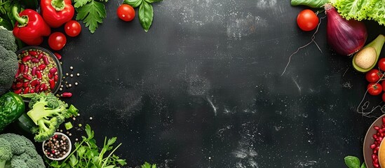 Colorful vegan dinner spread viewed from above. Symbolizing a healthy diet or lifestyle. Flat lay arrangement with empty space for text. Black chalkboard in the background.