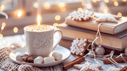 Obraz na płótnie Canvas Aesthetic Christmas background with cup of cocoa marshmallows ginger snowflakes cookies cinnamon sticks and books at cozy home flat lay Copy space : Generative AI