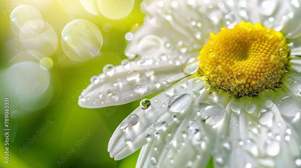 Poster chamomile or camomile flower with drops of water on the white petals after rain on the green backgro