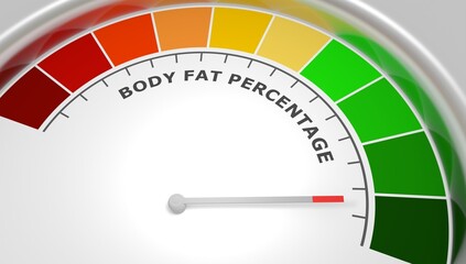 Body fat percentage good level on measure scale. Instrument scale with arrow. Colorful infographic gauge element. Healthy life information. 3D render