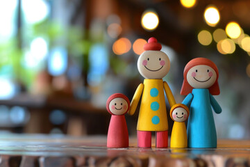 colorful wood toy family figures. cute cartoon father mother son daughter smiling on the table