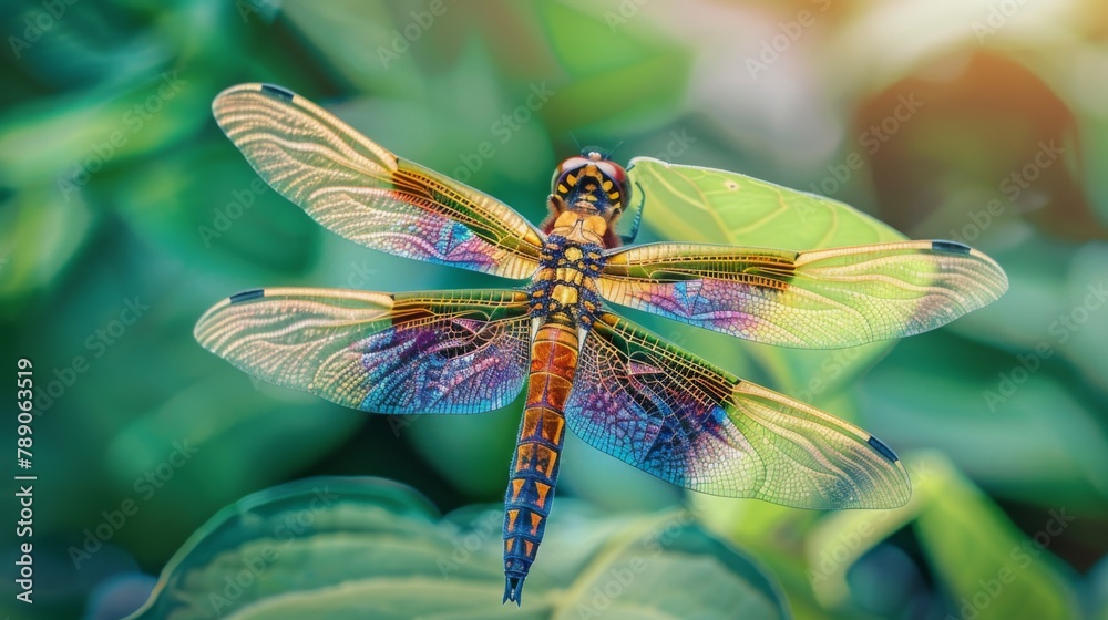 Poster a close-up of a vibrant dragonfly resting on a leaf, its iridescent wings shimmering in the sunlight