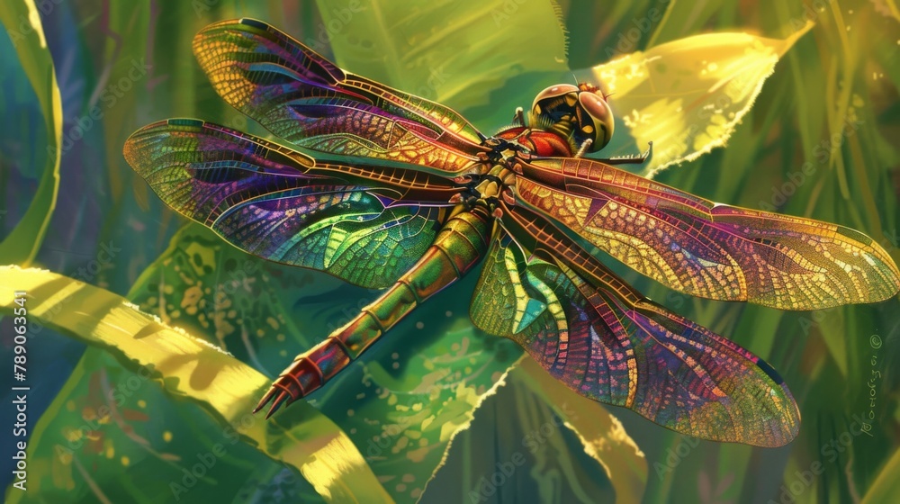 Poster a close-up of a vibrant dragonfly resting on a leaf, its iridescent wings shimmering in the sunlight