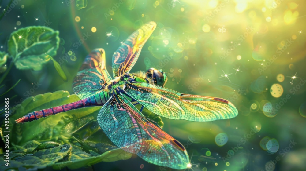 Poster a close-up of a vibrant dragonfly resting on a leaf, its iridescent wings shimmering in the sunlight