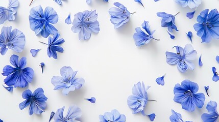 Obraz premium Flowers composition Frame made of blue flowers on white background Easter spring concept Flat lay top view copy space : Generative AI