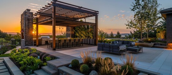 Obraz premium Interior design: Attractive contemporary outdoor seating area with a pergola during sunset.