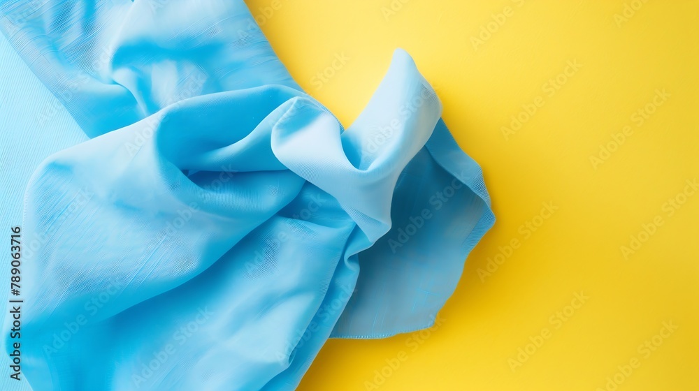 Aufkleber top view with blue kitchen napkin isolated on table background folded cloth for mockup with copy spa
